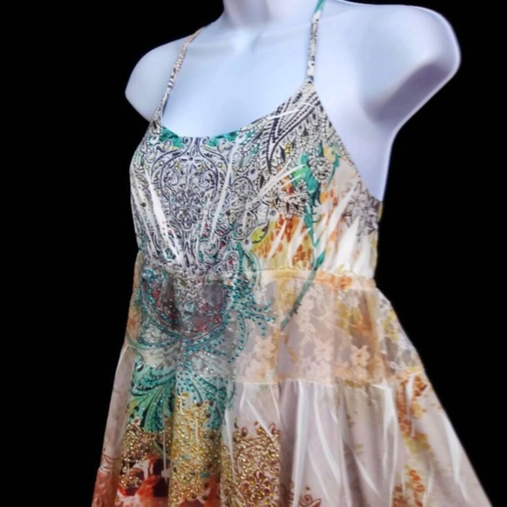 Vintage Y2K USA Babydoll S12 S Twelve Cami Tunic Top Embellished Tiered Lace L